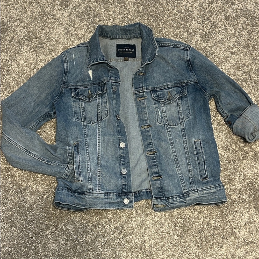 Lucky Brand Distressed Medium Blue Denim Jacket